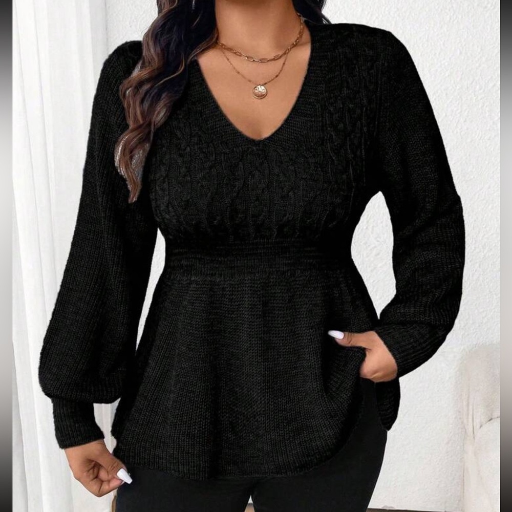 PLUS SIZE SOLID COLOR V-NECK CASUAL LONG SLEEVE PULLOVER